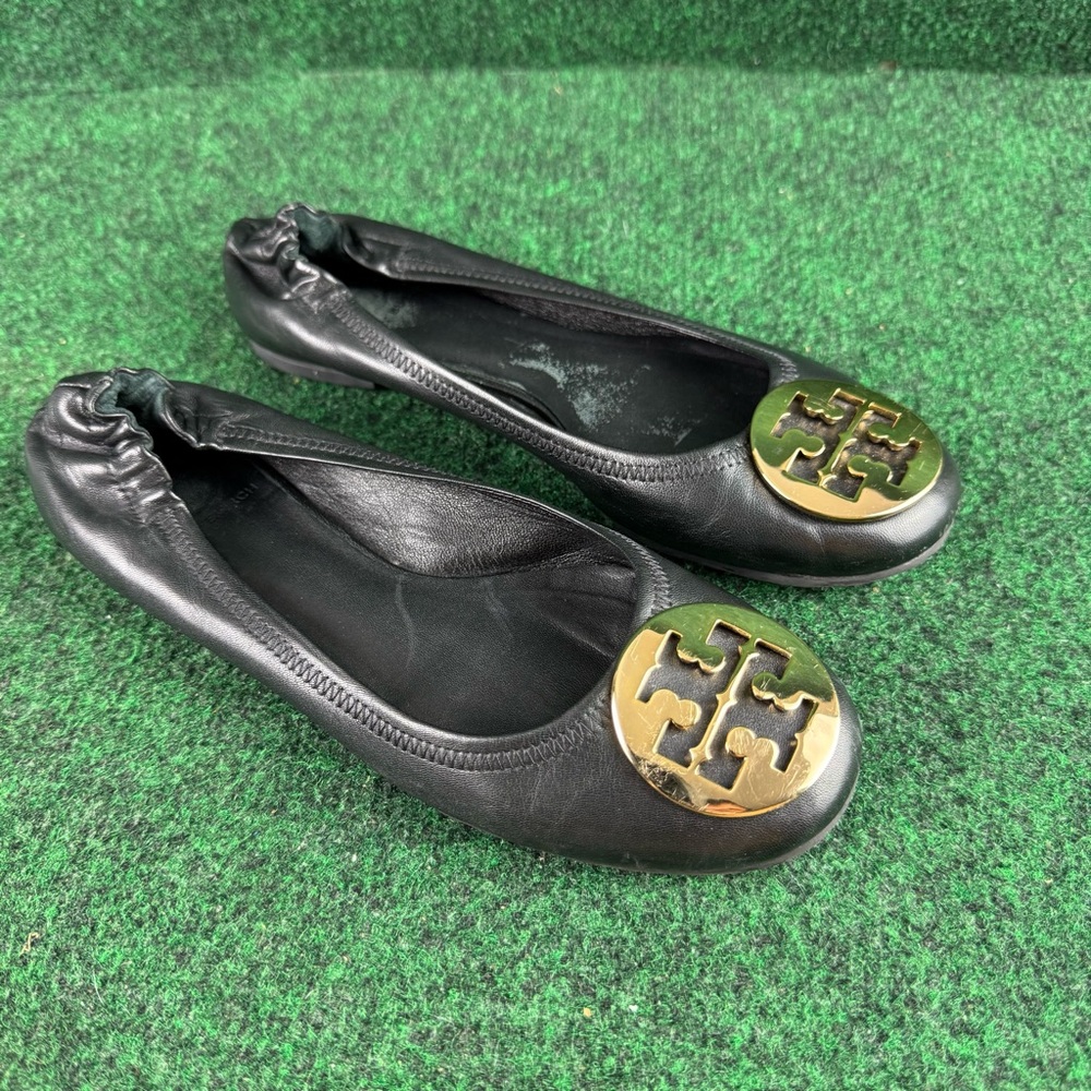 Tory Burch Black Leather Reva Flats Gold Logo size 6.5 M